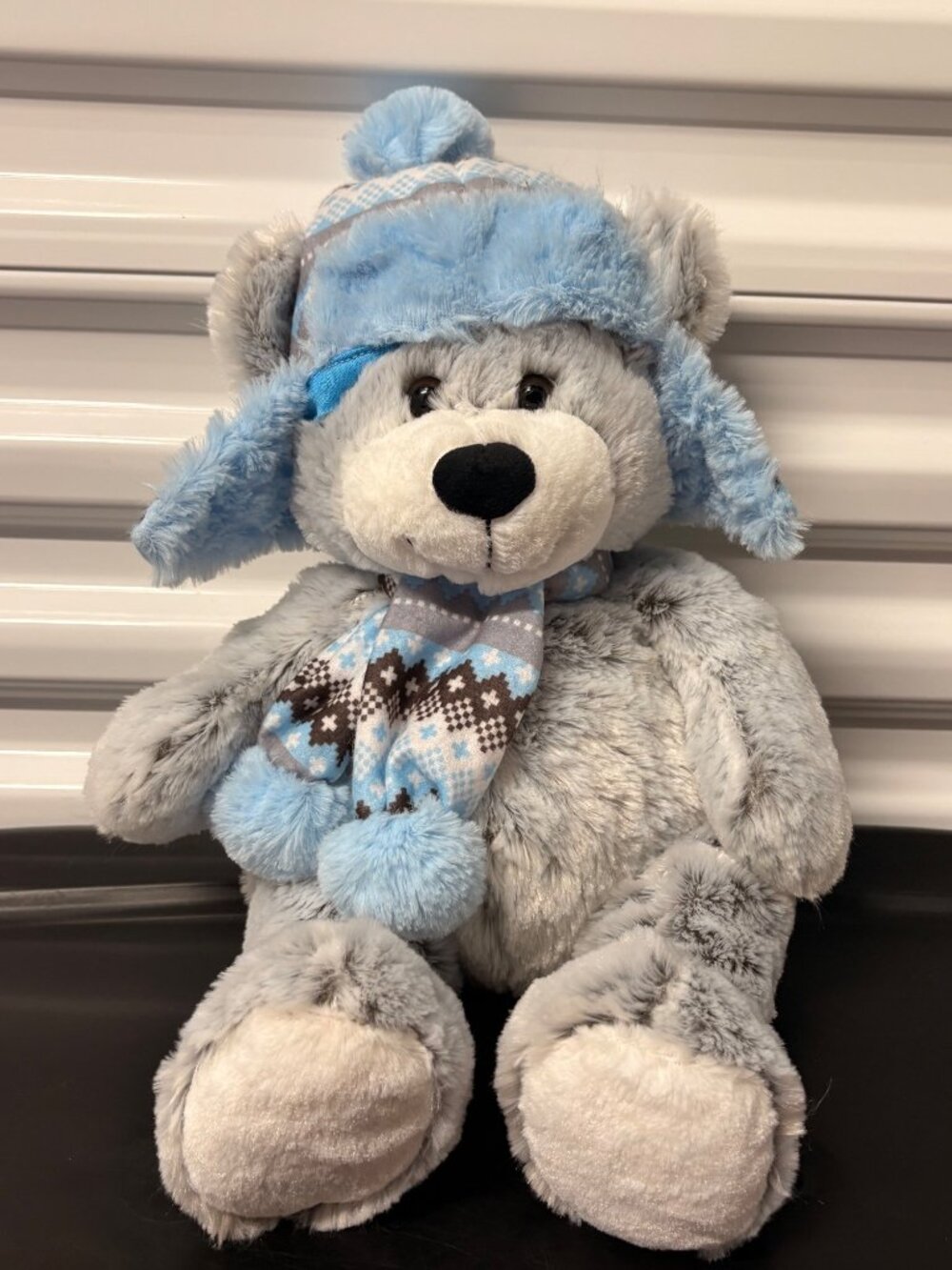 Soft Gray Plush Teddy Bear Blue Knit Winter Hat & Scarf Hugfun International 18"